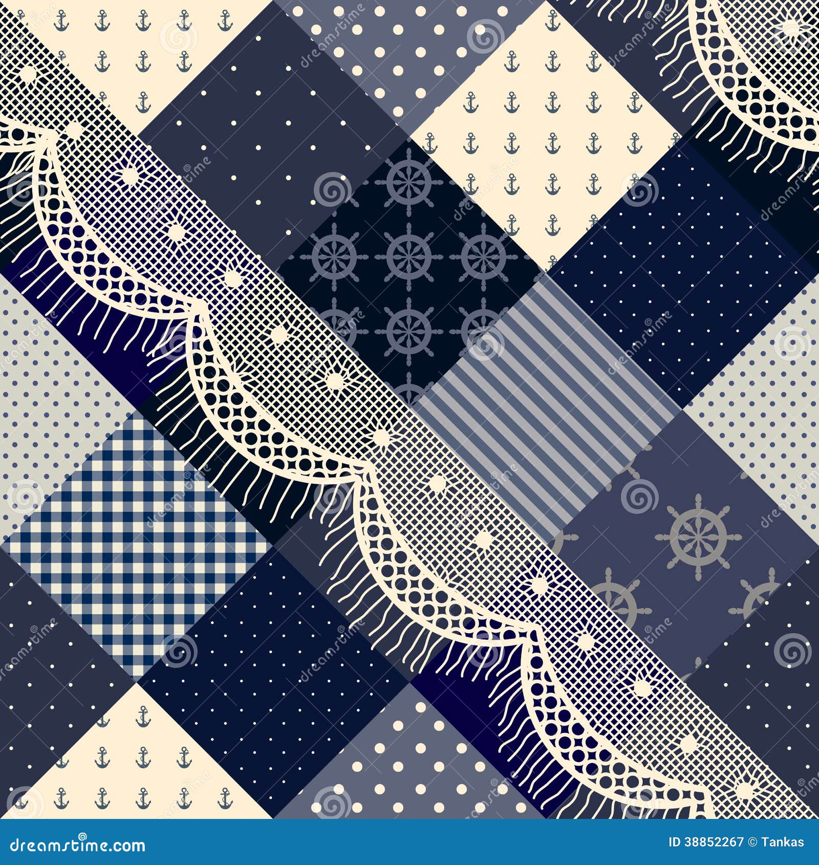 Blue  patchwork  with lace stock vector Illustration of 
