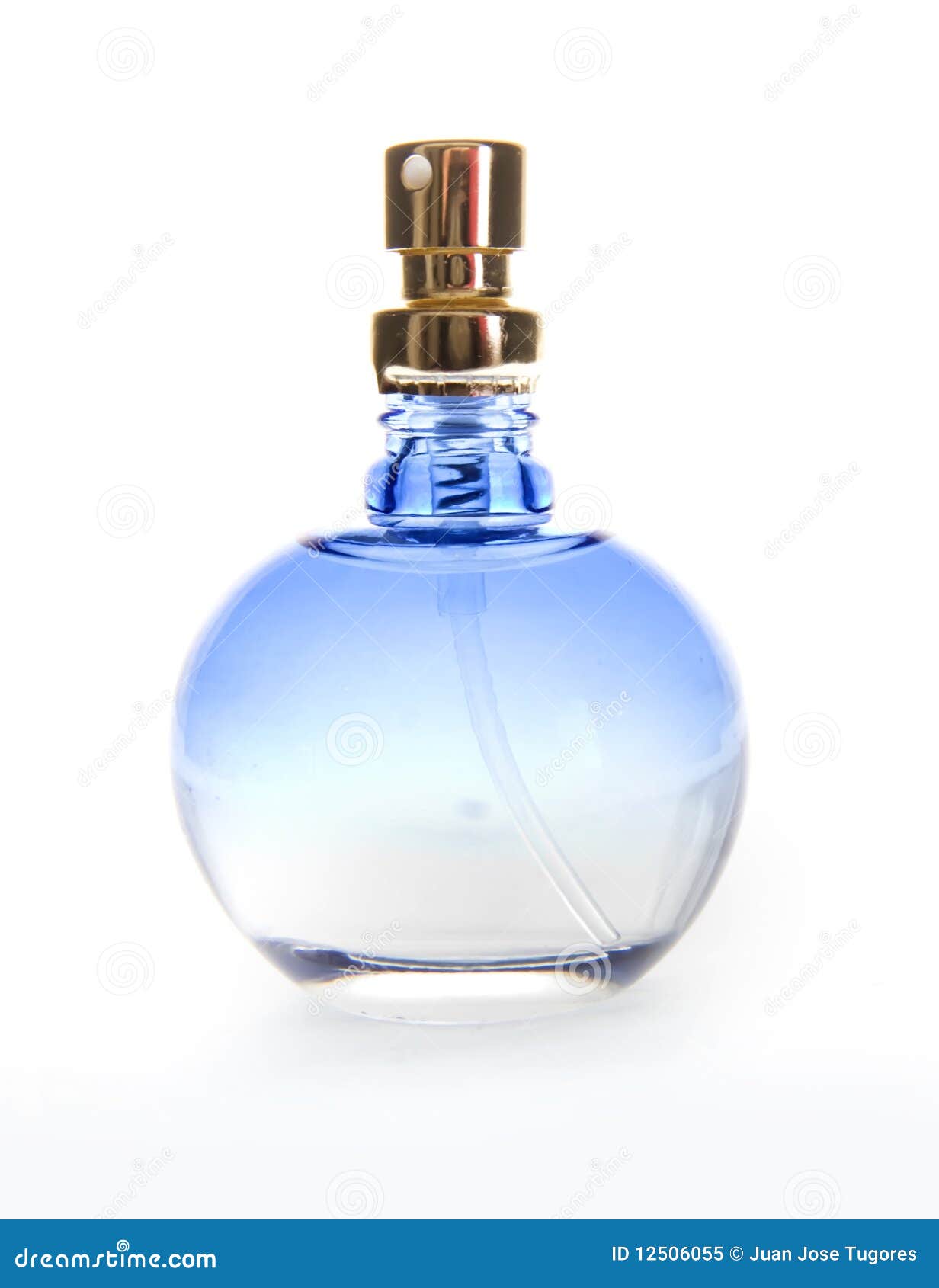 A blue perfume bottle, isolated on white background.