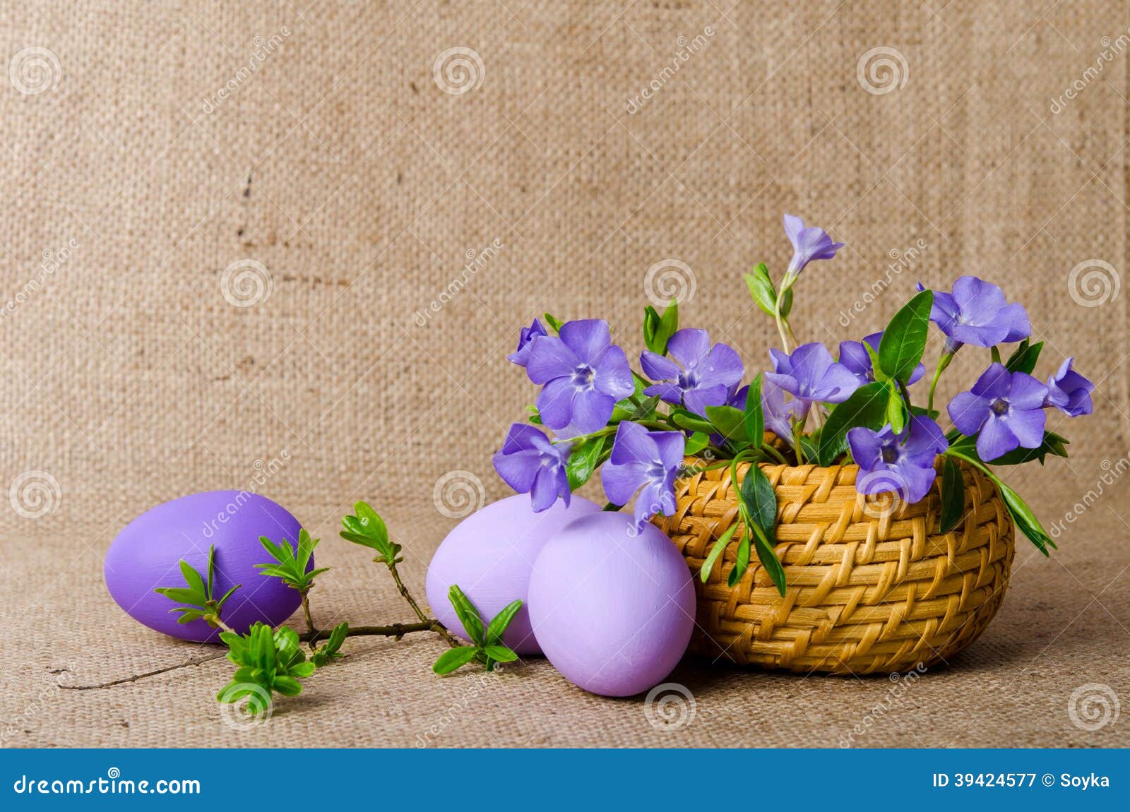 Blue Periwinkle in the Basket and Easter Eggs Stock Image Image of