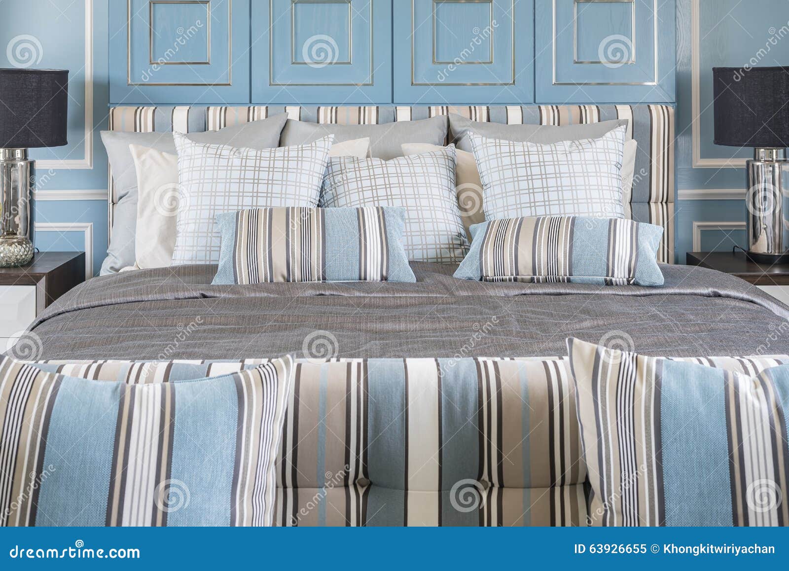 Blue Pillows on Luxury Bed in Blue Bedroom Stock Image Image of