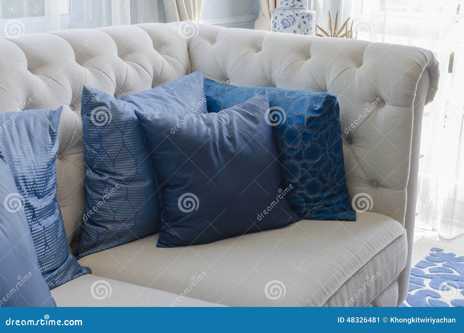 Blue Pillows on White Sofa in Luxury Living Room Stock Image Image of beautiful, floor 48326481