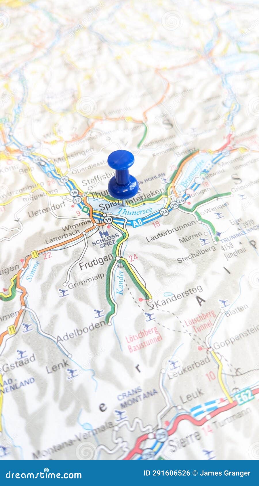 A Blue Pin Stuck in Interlaken on a Map of Switzerland Portrait View ...