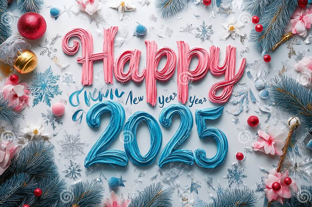Blue and Pink Happy New Year Sign with the Number 2025, Surrounded by