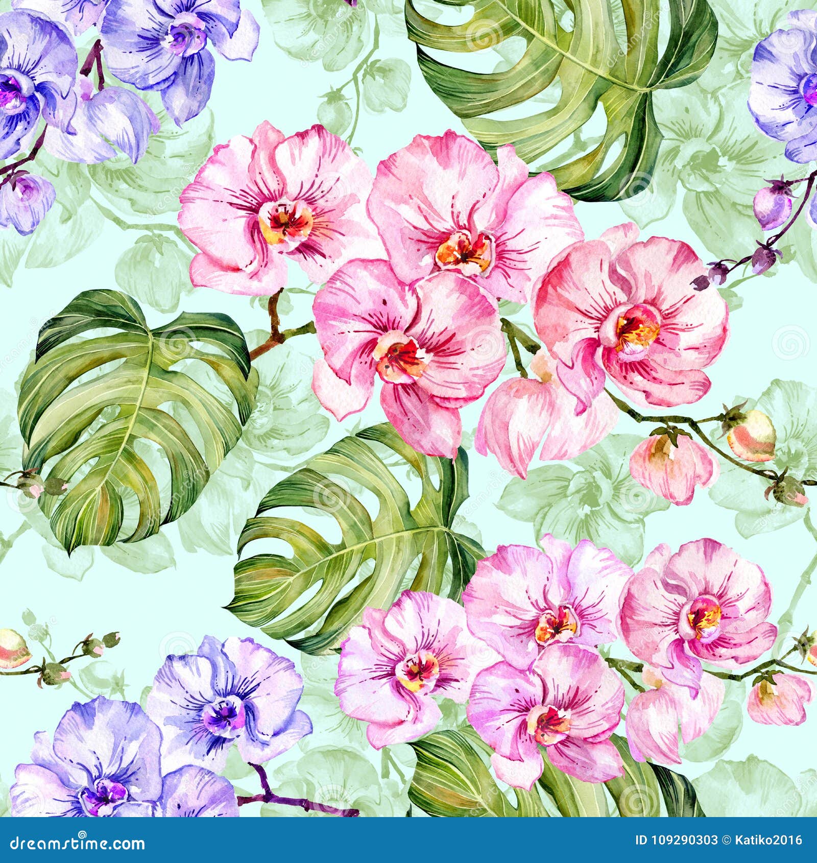blue and pink orchid flowers with outlines and large green monstera leaves on light blue background. seamless pattern.