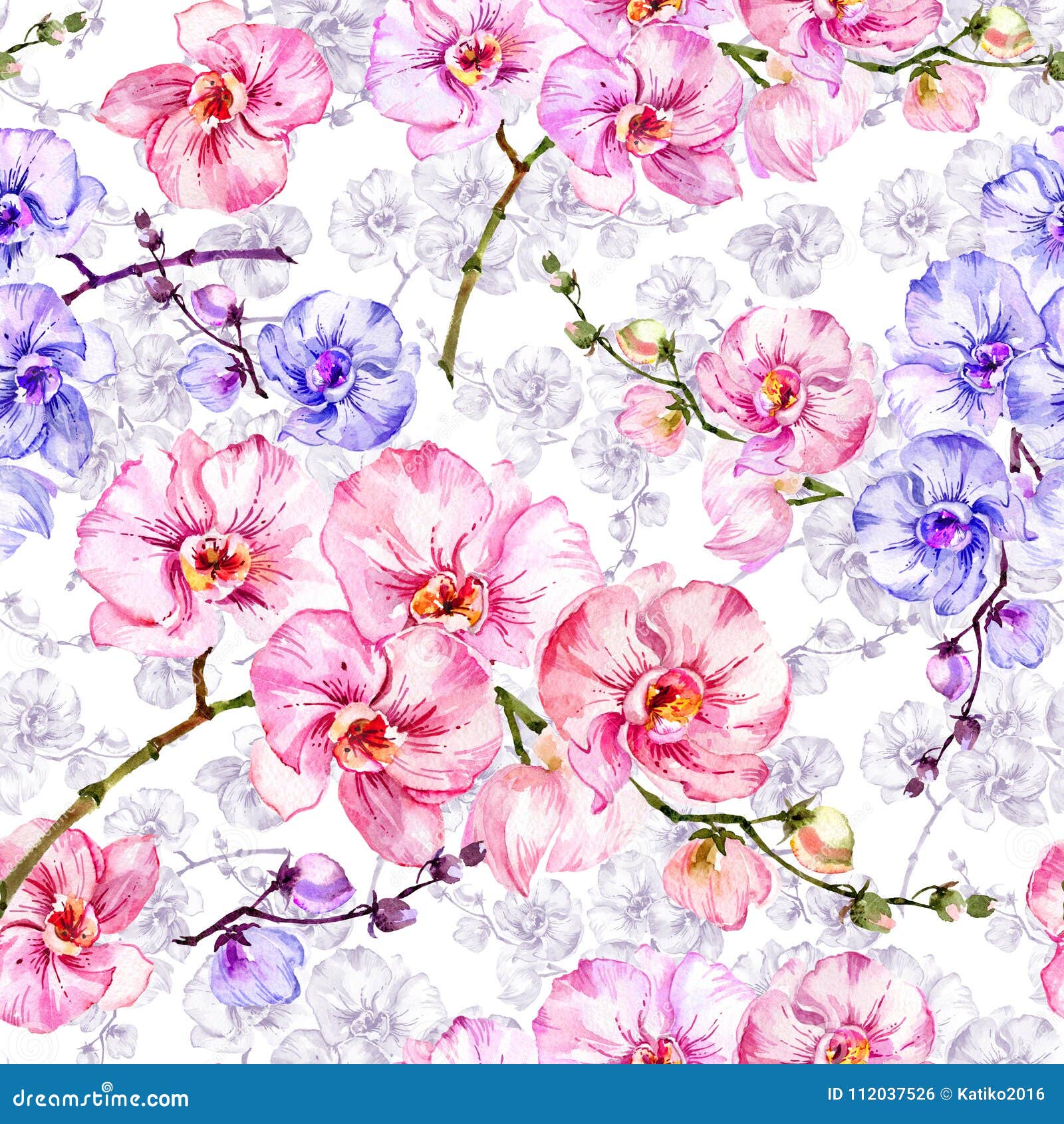 blue and pink orchid flowers with outlines on white background. seamless floral pattern. watercolor painting.