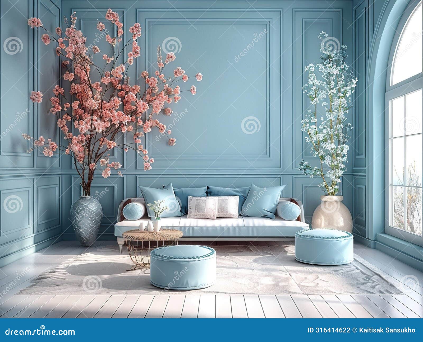 blue and pink pastel living room interior with sofa, poufs, and cherry blossom trees in vases