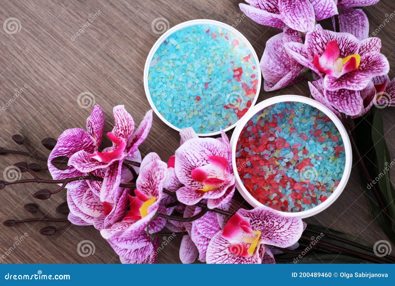 Blue and Pink Sea Salt and Pink Orchid, Spa, Top View Stock Photo