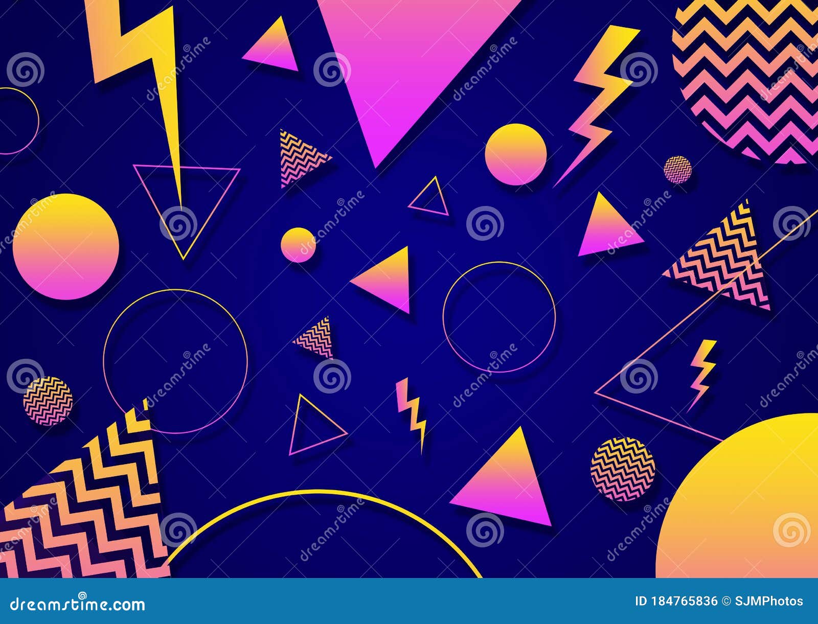A Blue Pink And Yellow Retro Vaporwave 90 S Style Random Geometric Shapes With Vibrant Neon Color Palette On A Radial Gradient Stock Illustration Illustration Of Neon Hipster