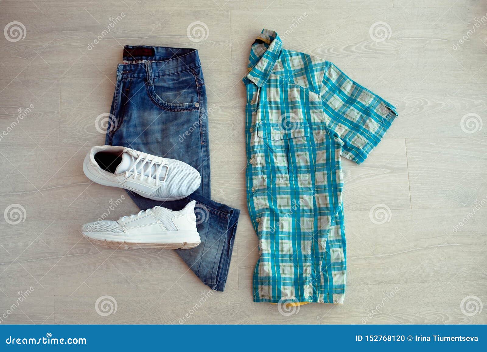 Blue Plaid Shirt, Jeans Shorts and White Sneakers Stock Photo - Image ...