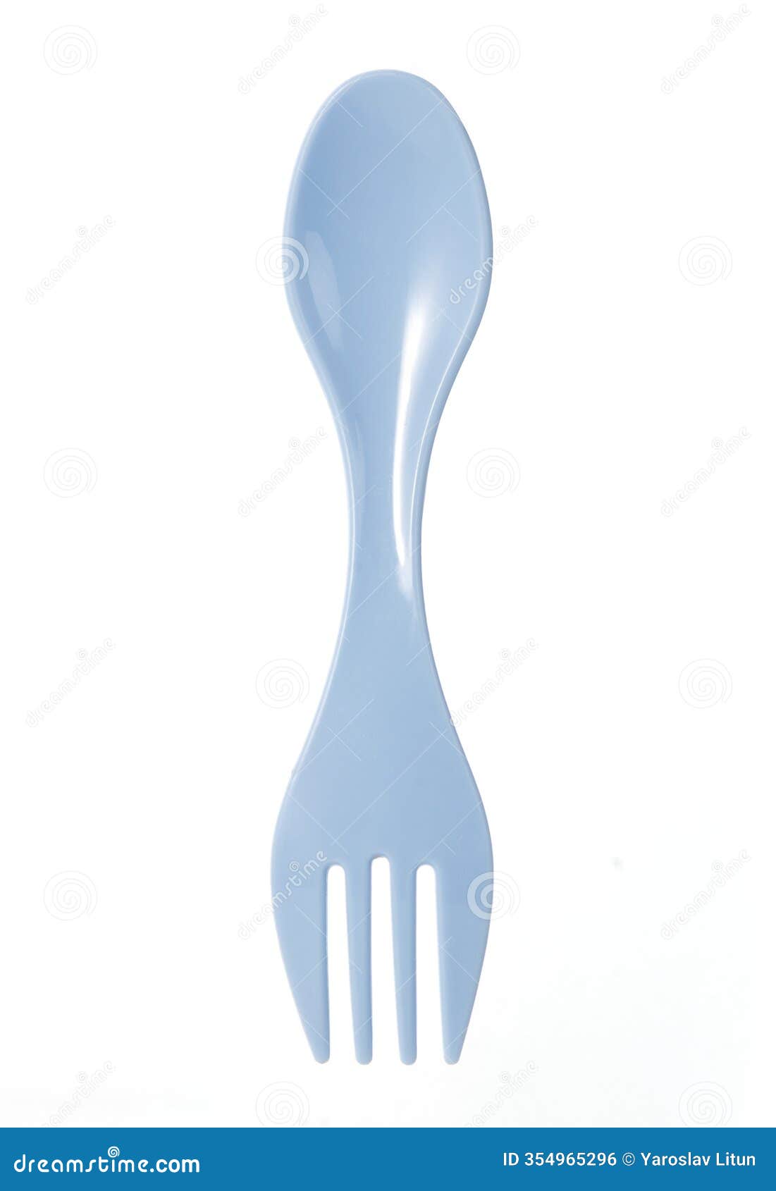 blue plastic spork combining a spoon and fork in one utensil, on a white background. for camping or outdoor use