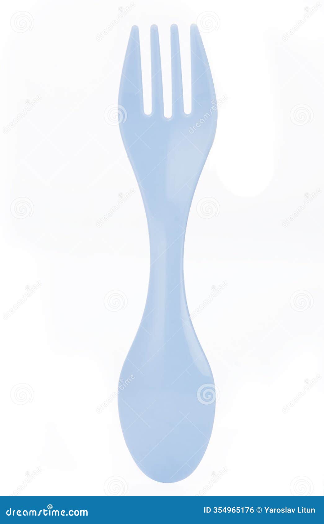 blue plastic spork combining a spoon and fork in one utensil, on a white background. for camping or outdoor use