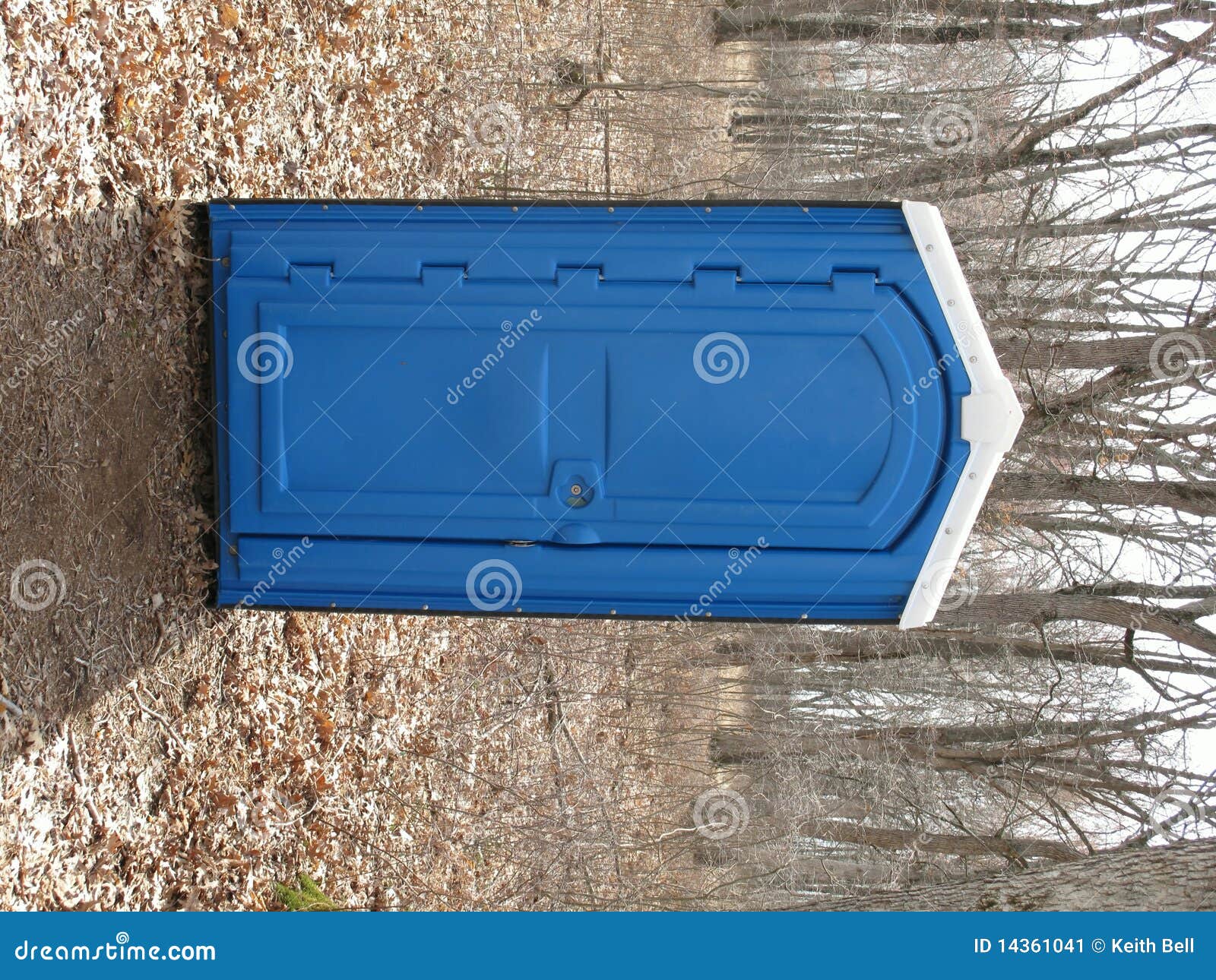blue porta potty in a woods