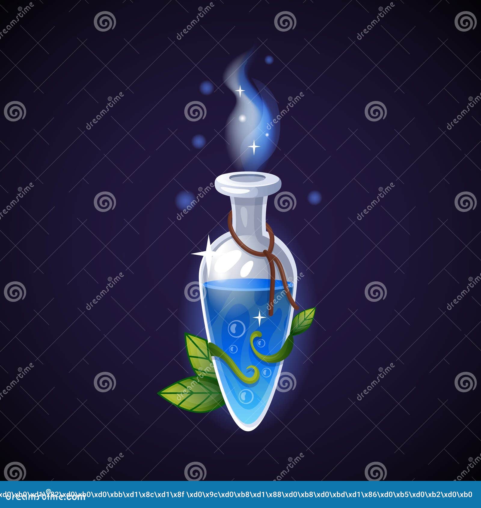 blue potion in flack. elixir bottle with leaves. glass vial with magic beverage. fantasy substance, fantasy game