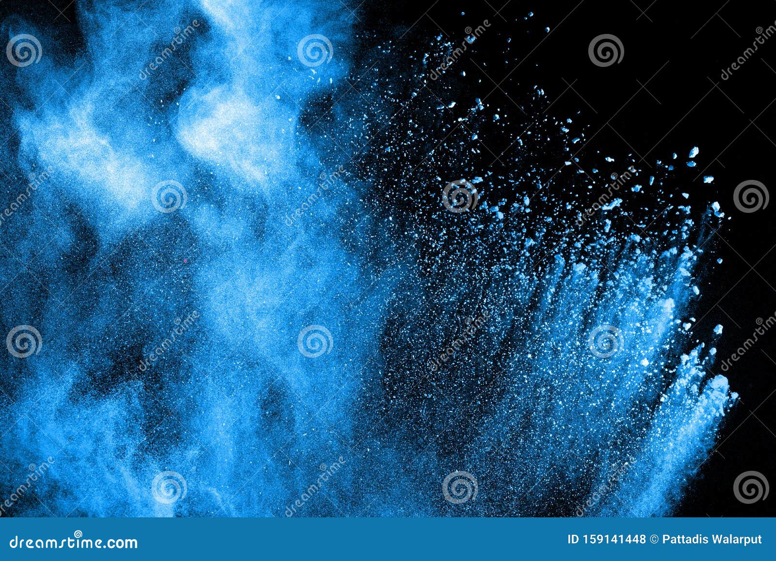 blue powder explode cloud on black background. launched blue dust particles splash on background