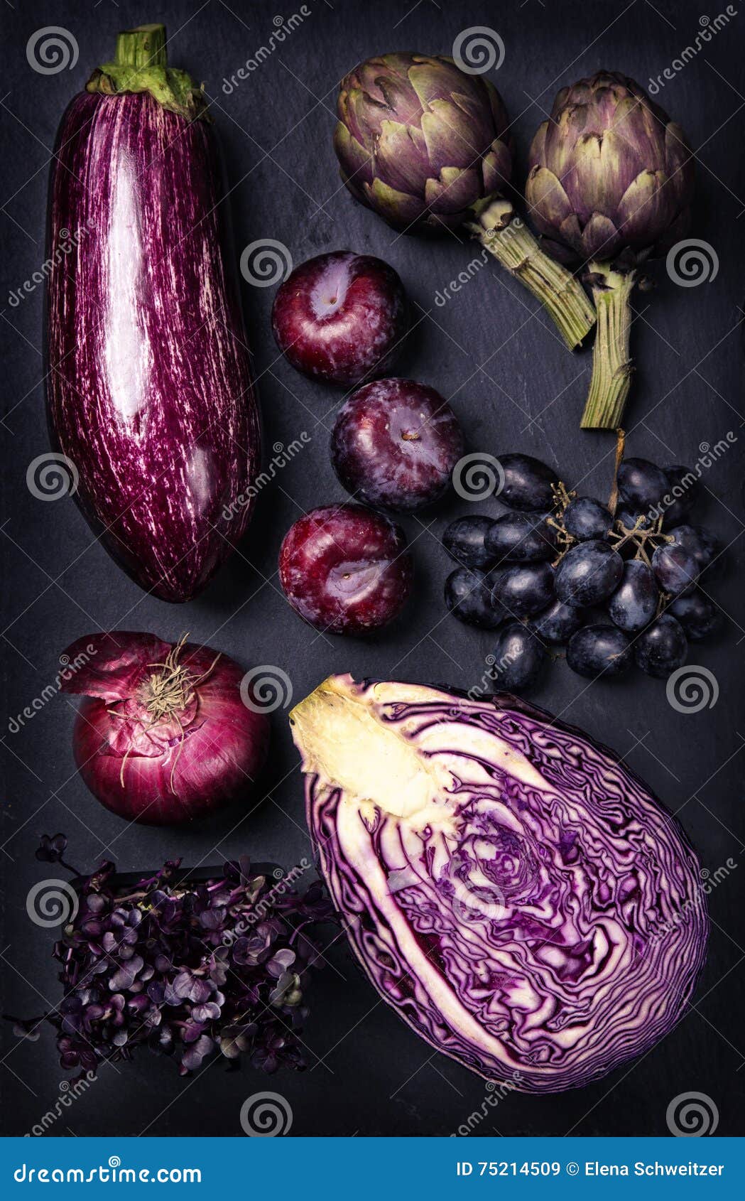 Purple Fruits And Vegetables. Blue Onion, Purple Cabbage, Eggplant