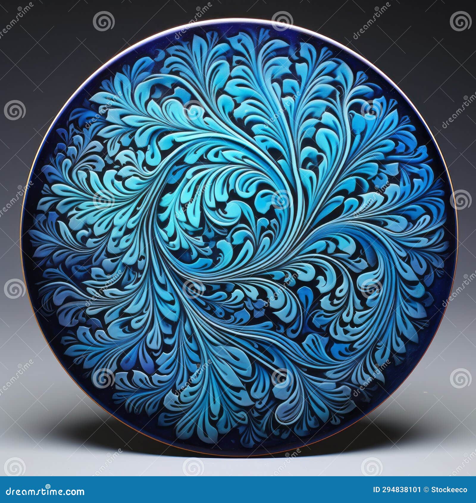 blue and purple swirl plate with detailed feather rendering