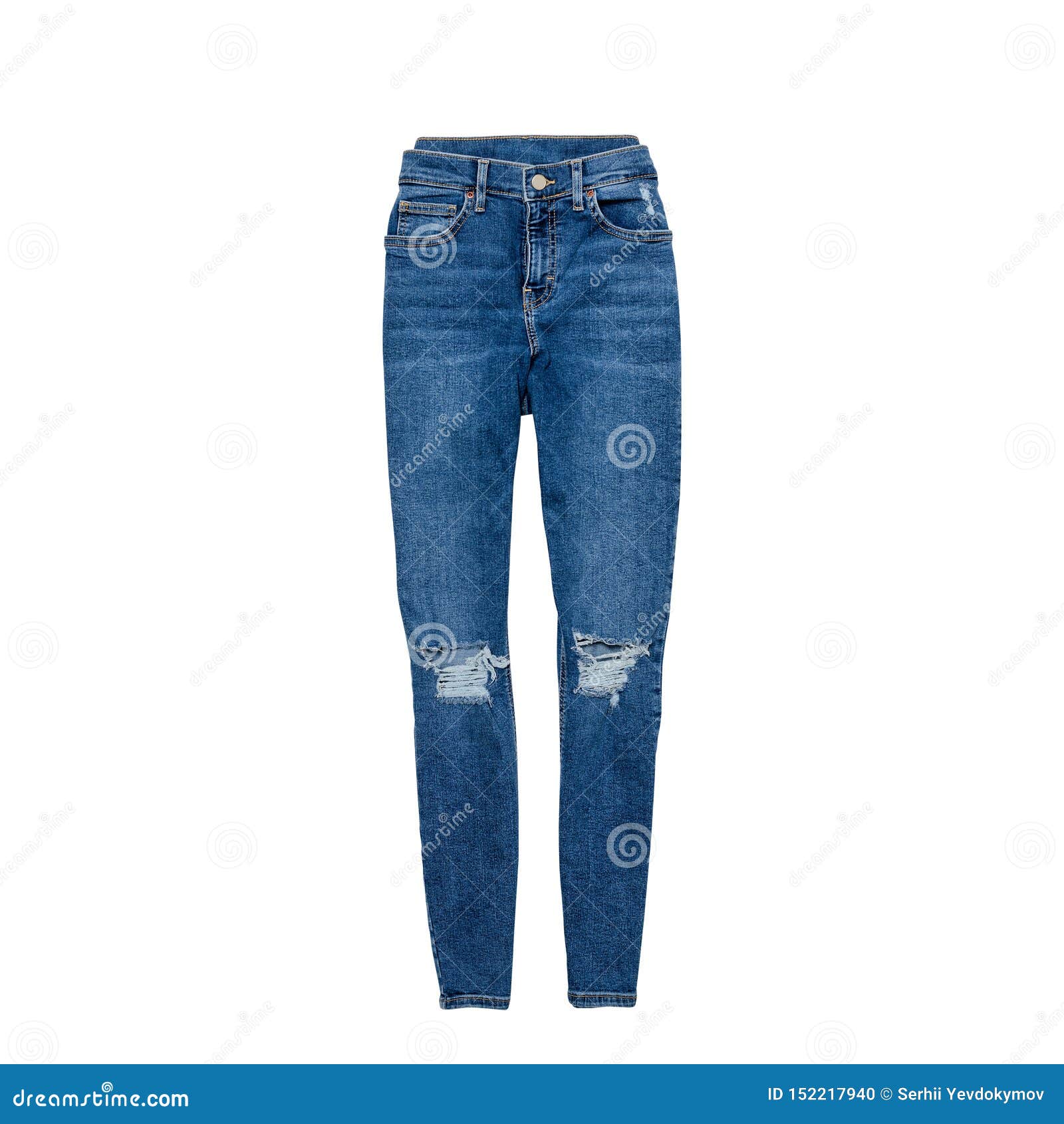 Blue Ragged Jeans on a White Background. Clothing Concept. Flat Lay ...