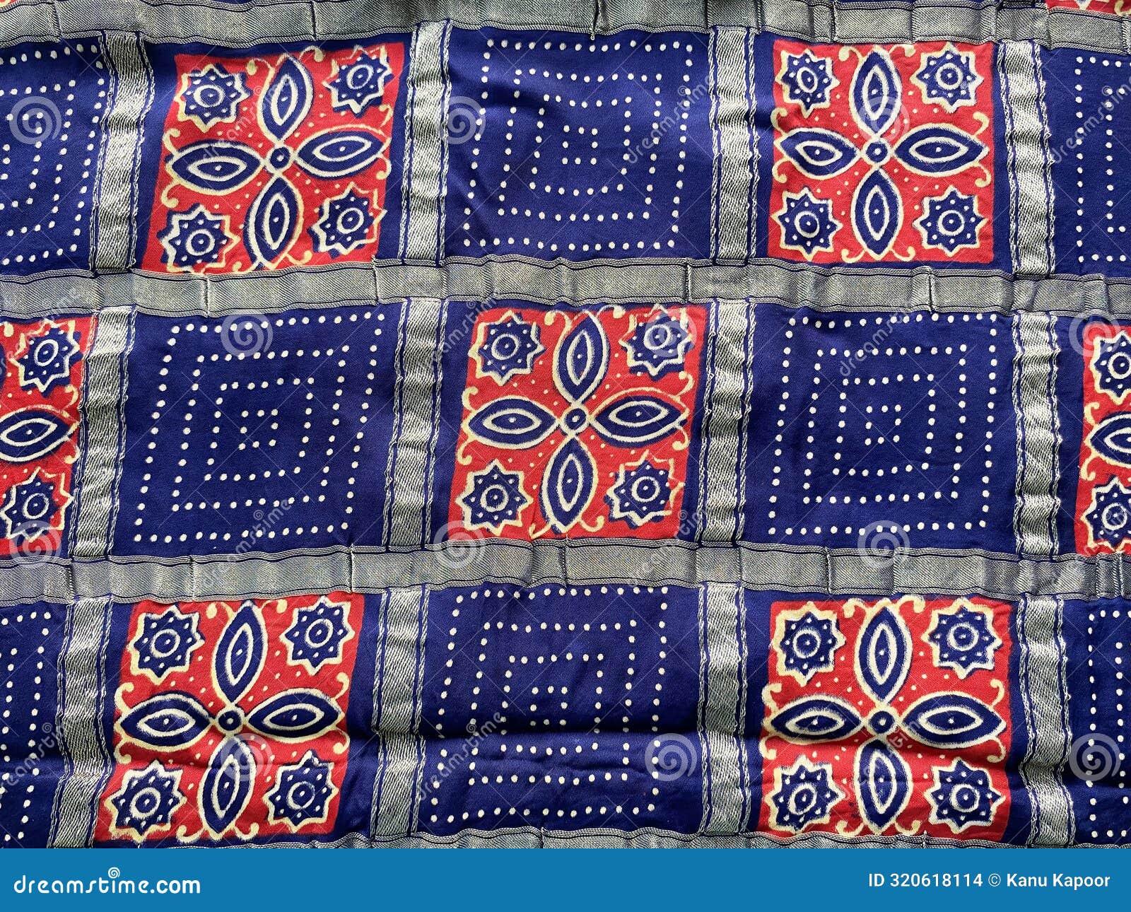 blue and red checkered block printed on blue gaji silk fabric