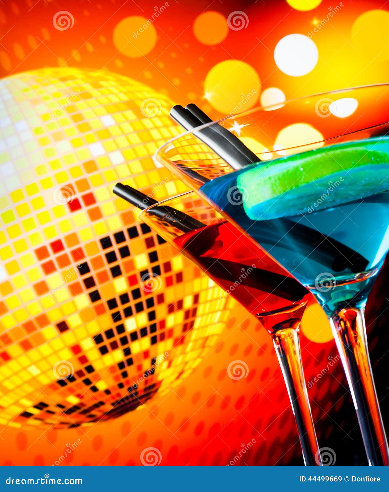 Blue And Red Cocktail With Sparkling Disco Ball Background With Space