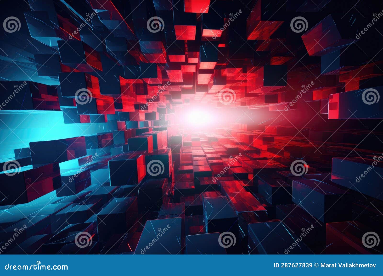 Blue Red Floating Shiny Cube Network. Space, Motion 3d Background. Teleportation Stock