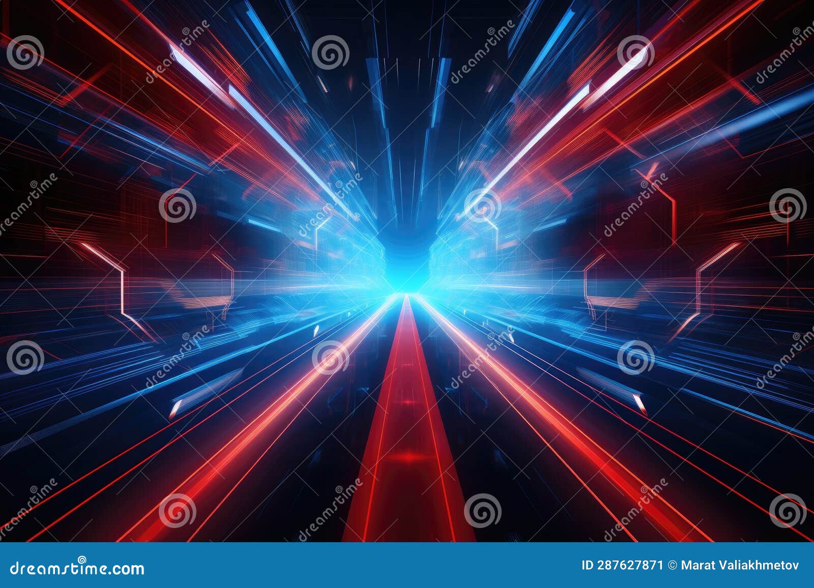 Blue Red Floating Shiny Cube Network. Space, Motion 3d Background. Teleportation Stock