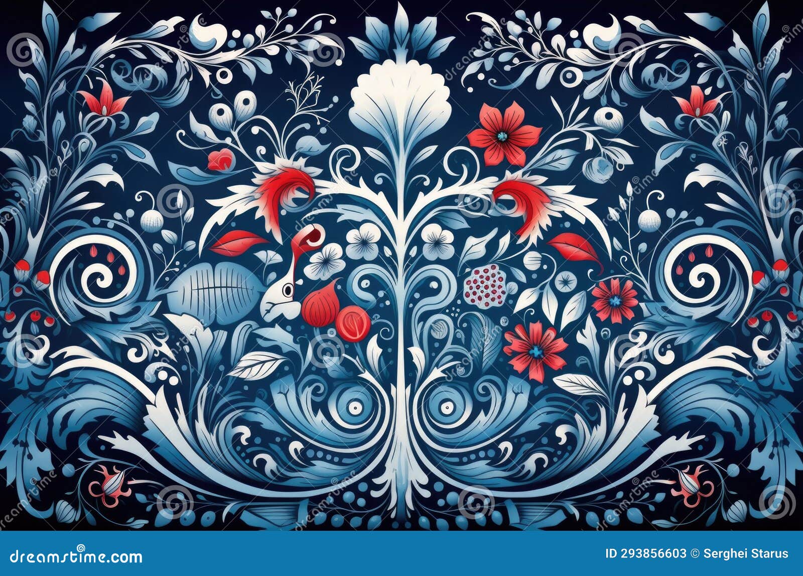 A Blue and Red Floral Design on a Black Background, AI Stock Image