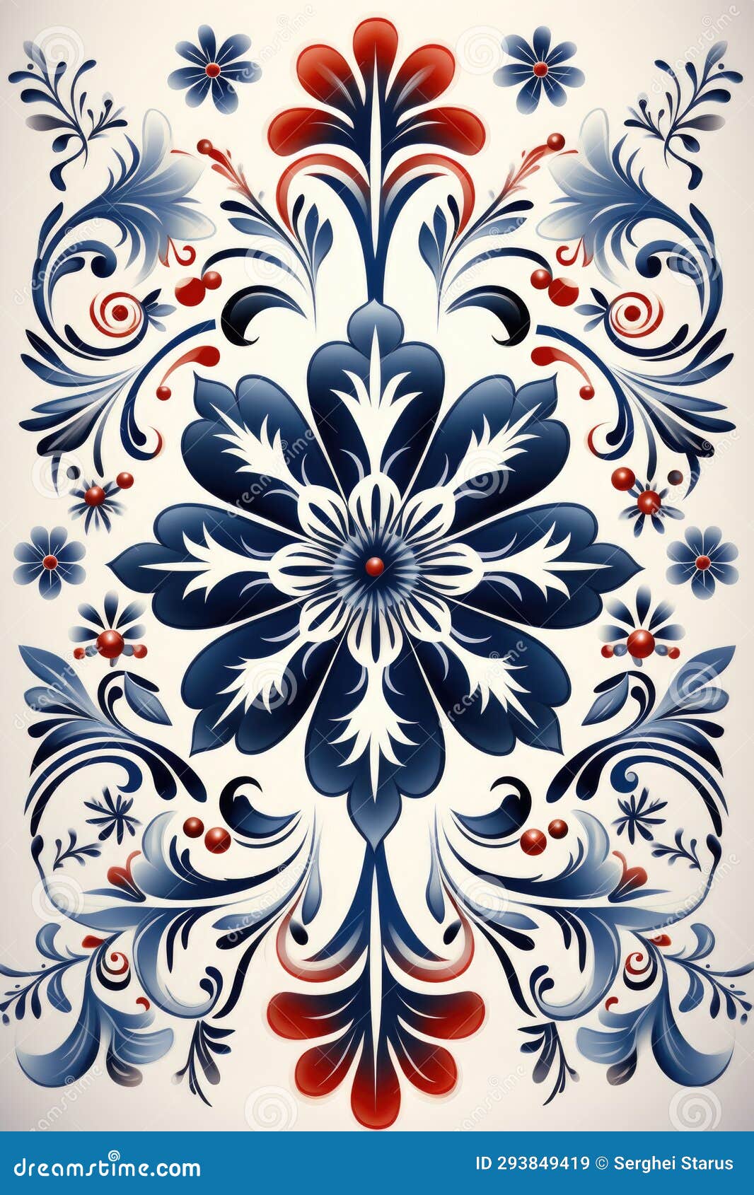 A Blue and Red Floral Design on a White Background, AI Stock Image