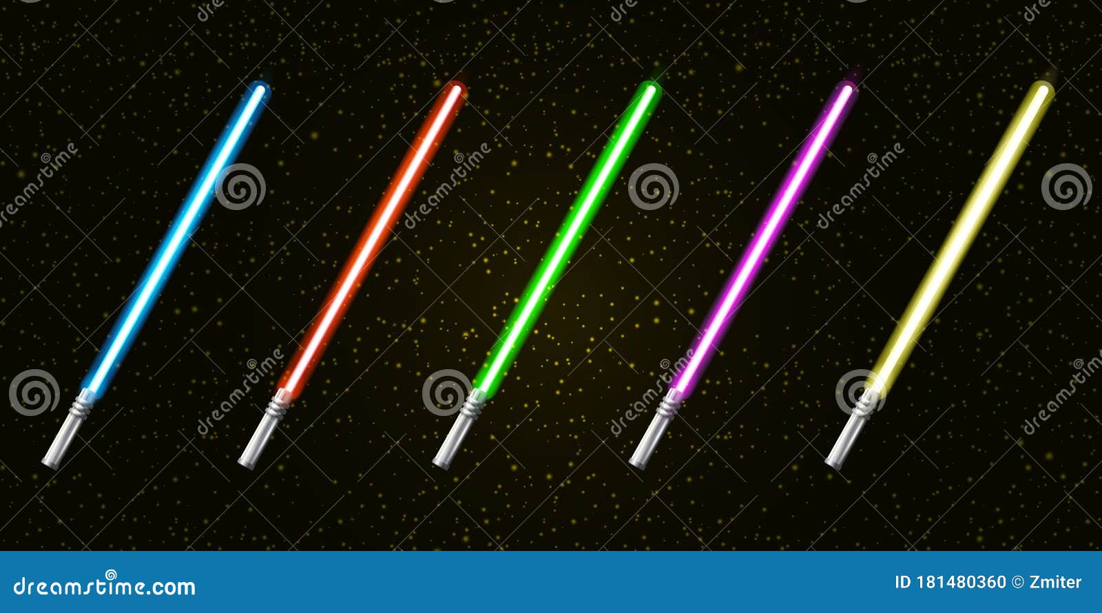 blue, red, green, pink and yellow laser sword lightsaber set  on starry black galaxy background. may the 4th be
