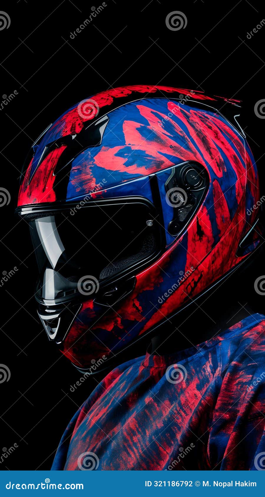 blue and red motorbike helmet  with batik motif