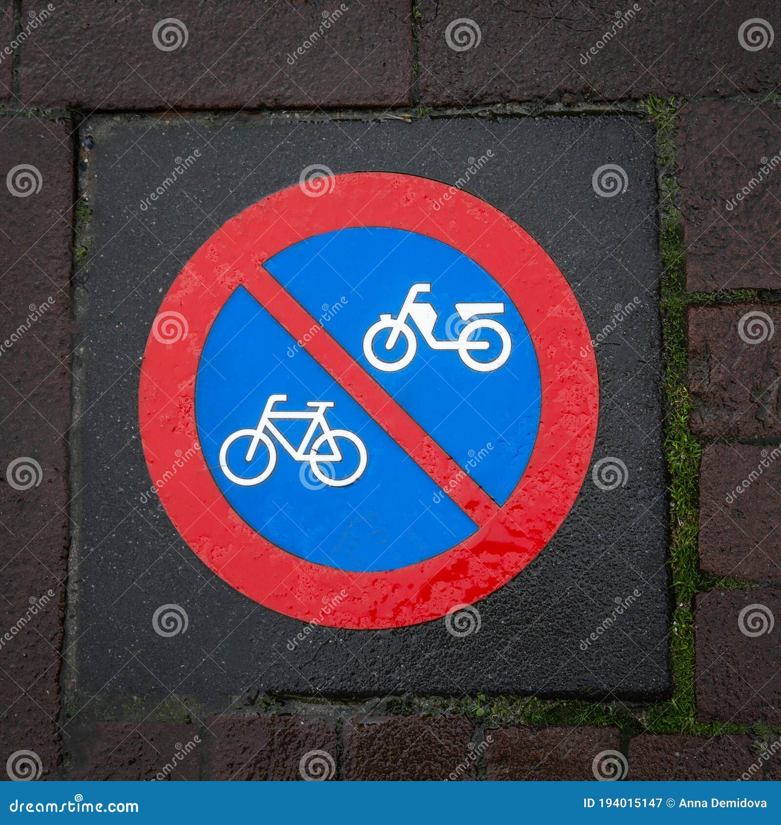 Blue and Red Road Sign on the Sidewalk Bike Path. Square Format Stock
