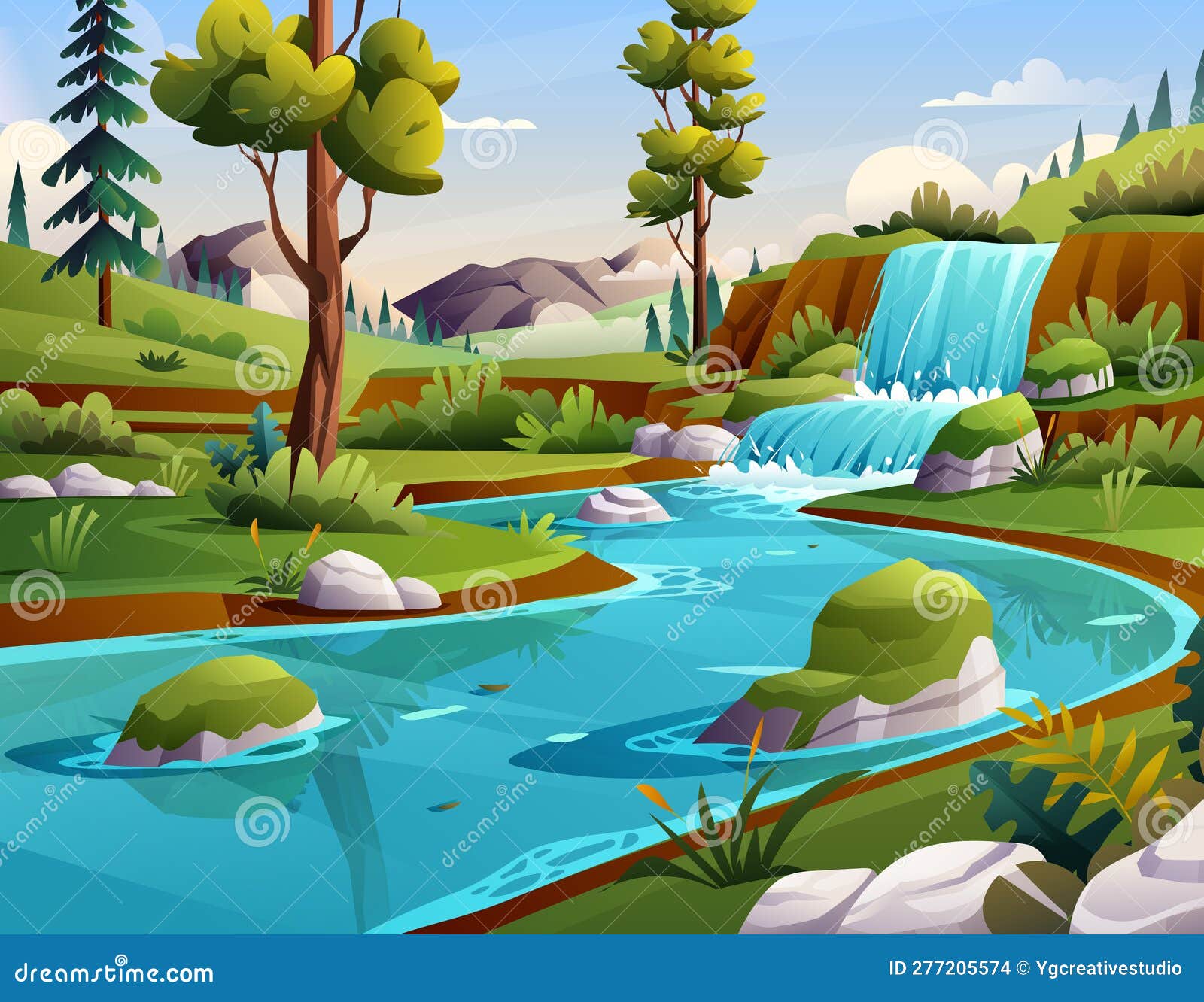 Blue River in Forest with Mountains Landscape Stock Vector