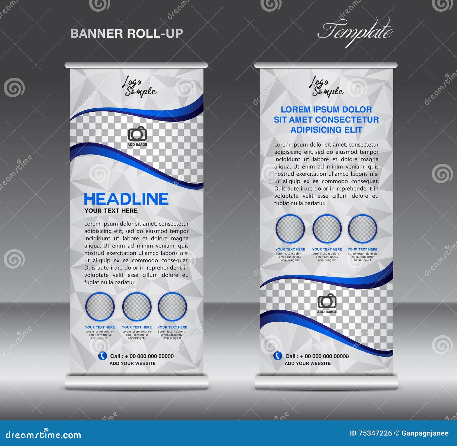 Blue Roll Up Banner Template Vector, Stand, Flyer Design, Banner Stock