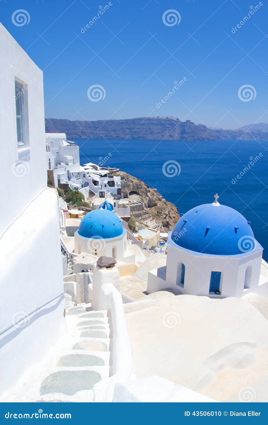 Blue Roofs of Churches on Santorini Island, Greece Stock Photo Image