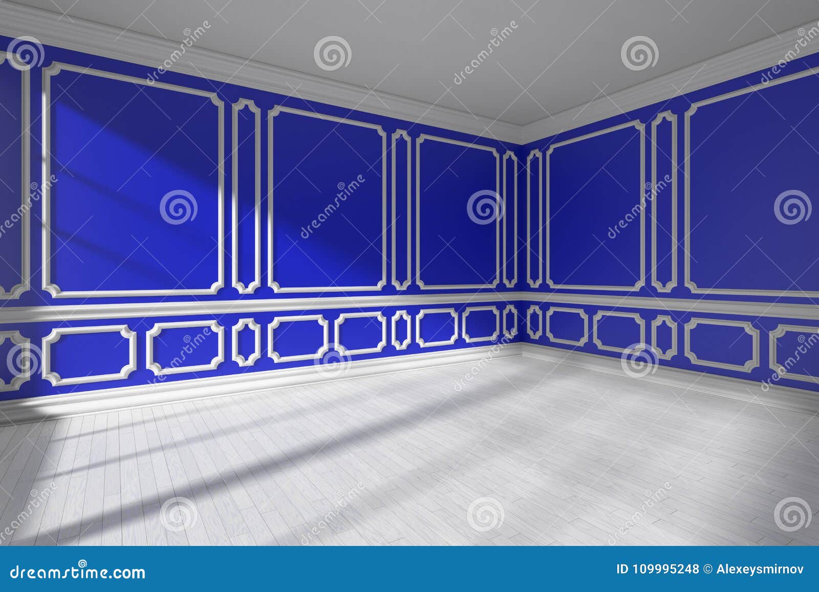 Blue Room With Molding And White Parquet Wide Angle Stock