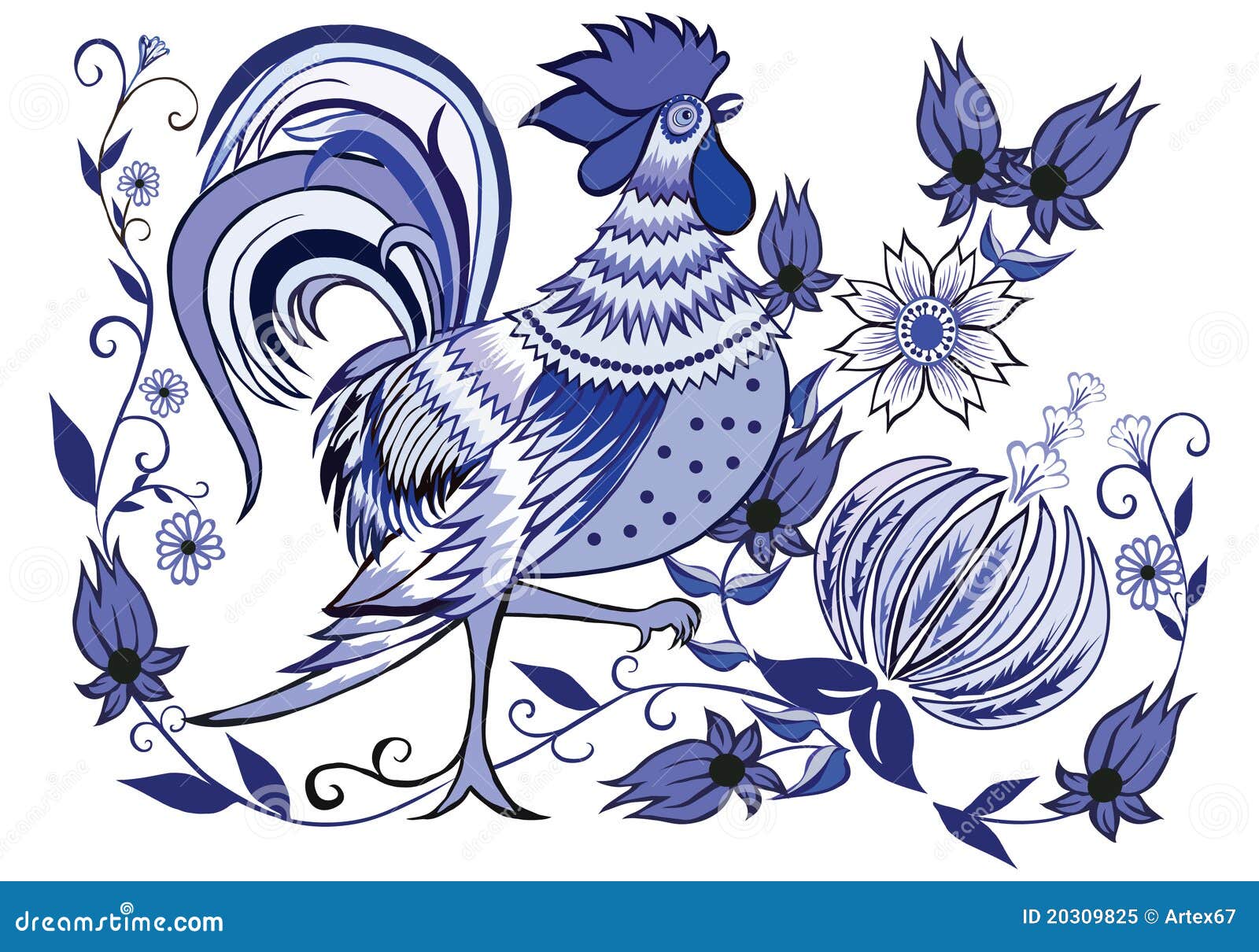 Blue rooster stock vector. Illustration of ornament, stalk 20309825