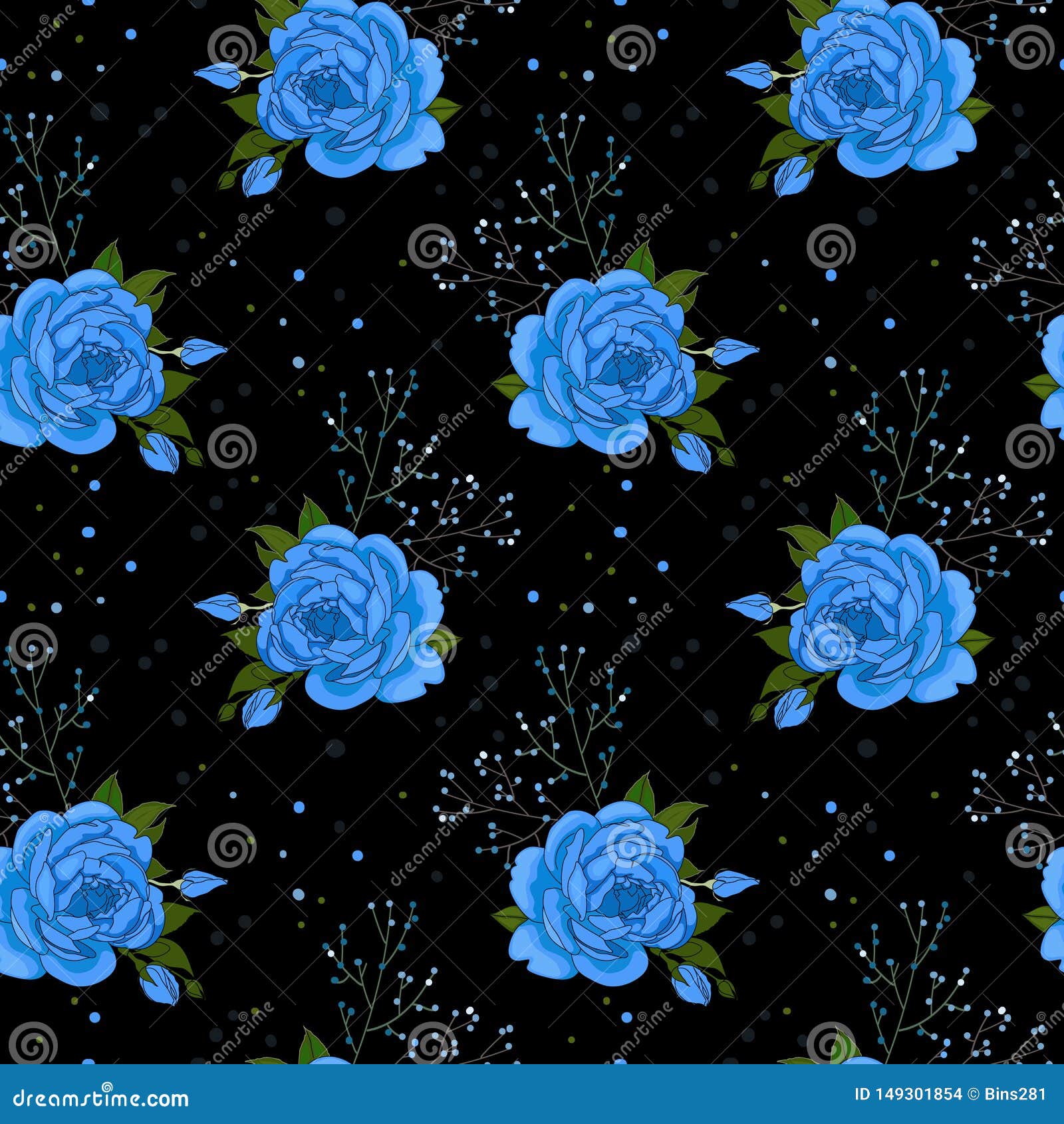 Blue Roses on Black Background Stock Vector Illustration of design