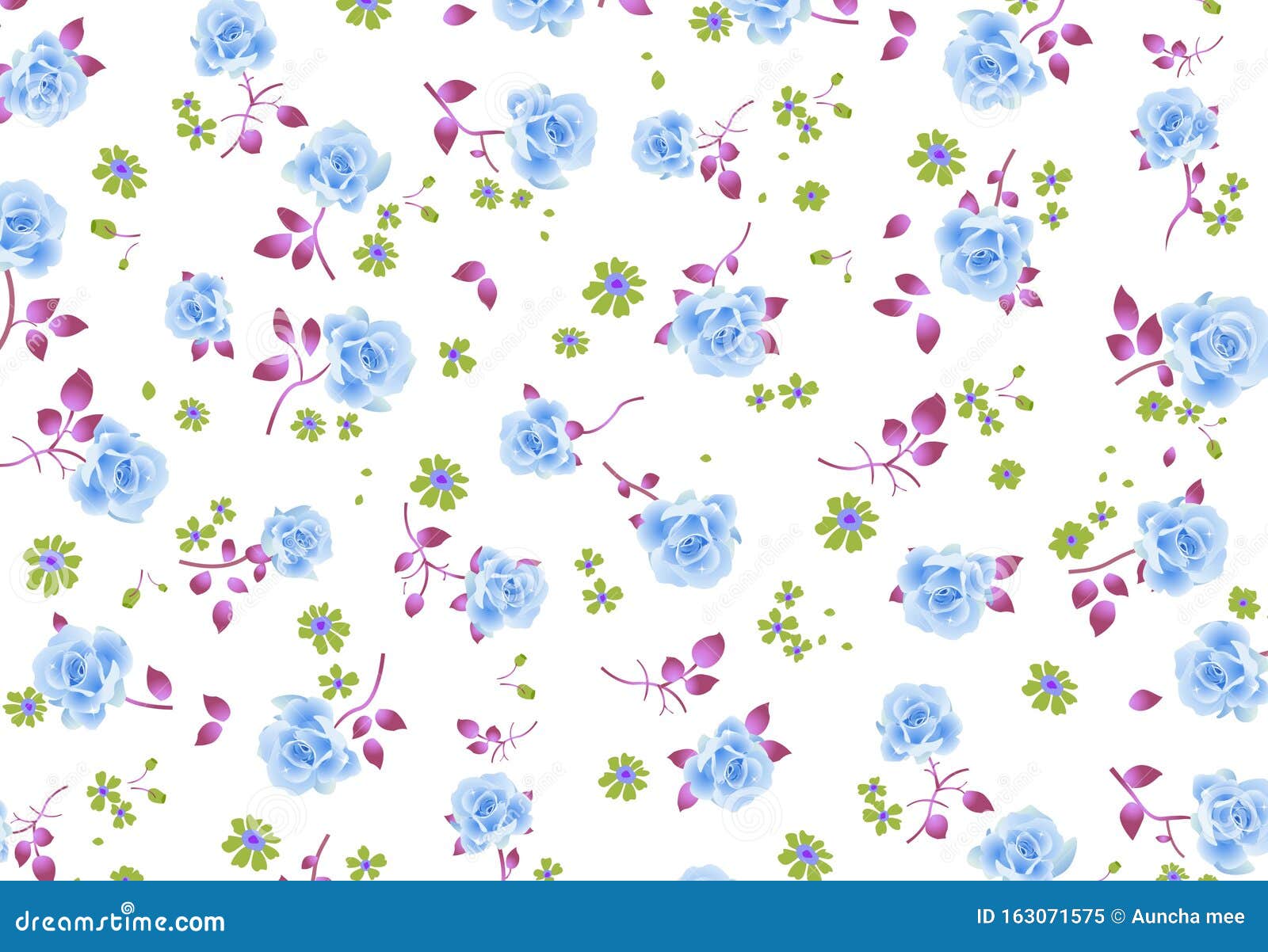 Blue Roses Seamless Pattern on the White Background. Illustration