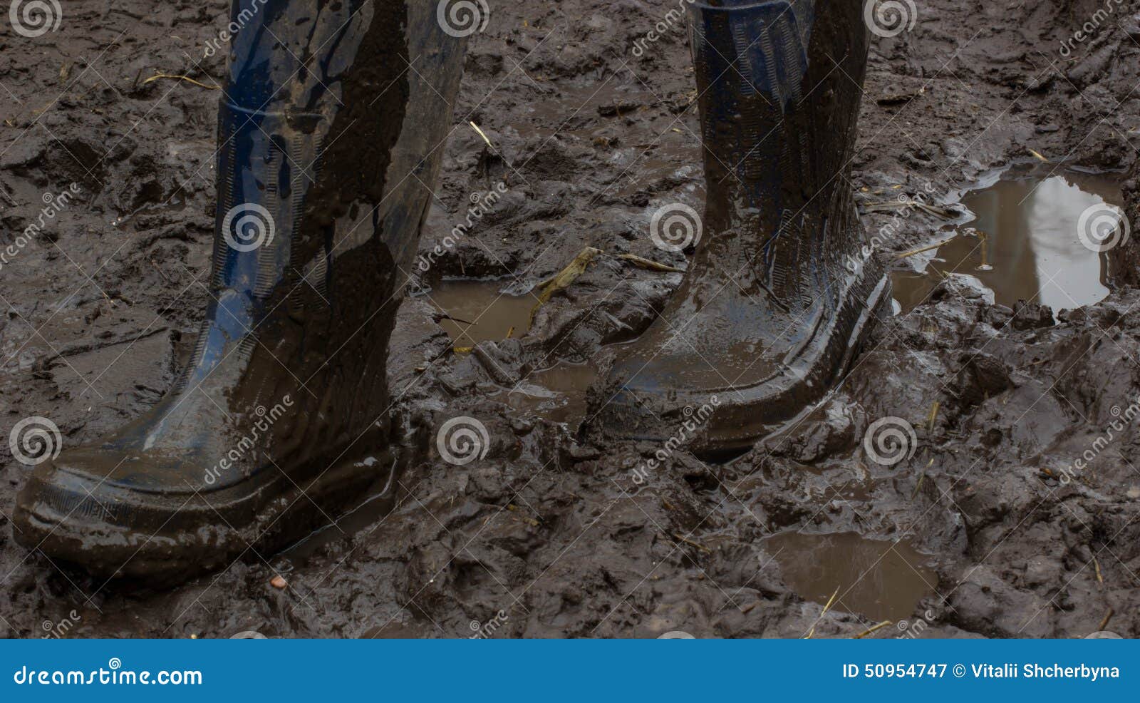 Blue Rubber Boots Covered in Dirt. Gait on the Mud Stock Image Image
