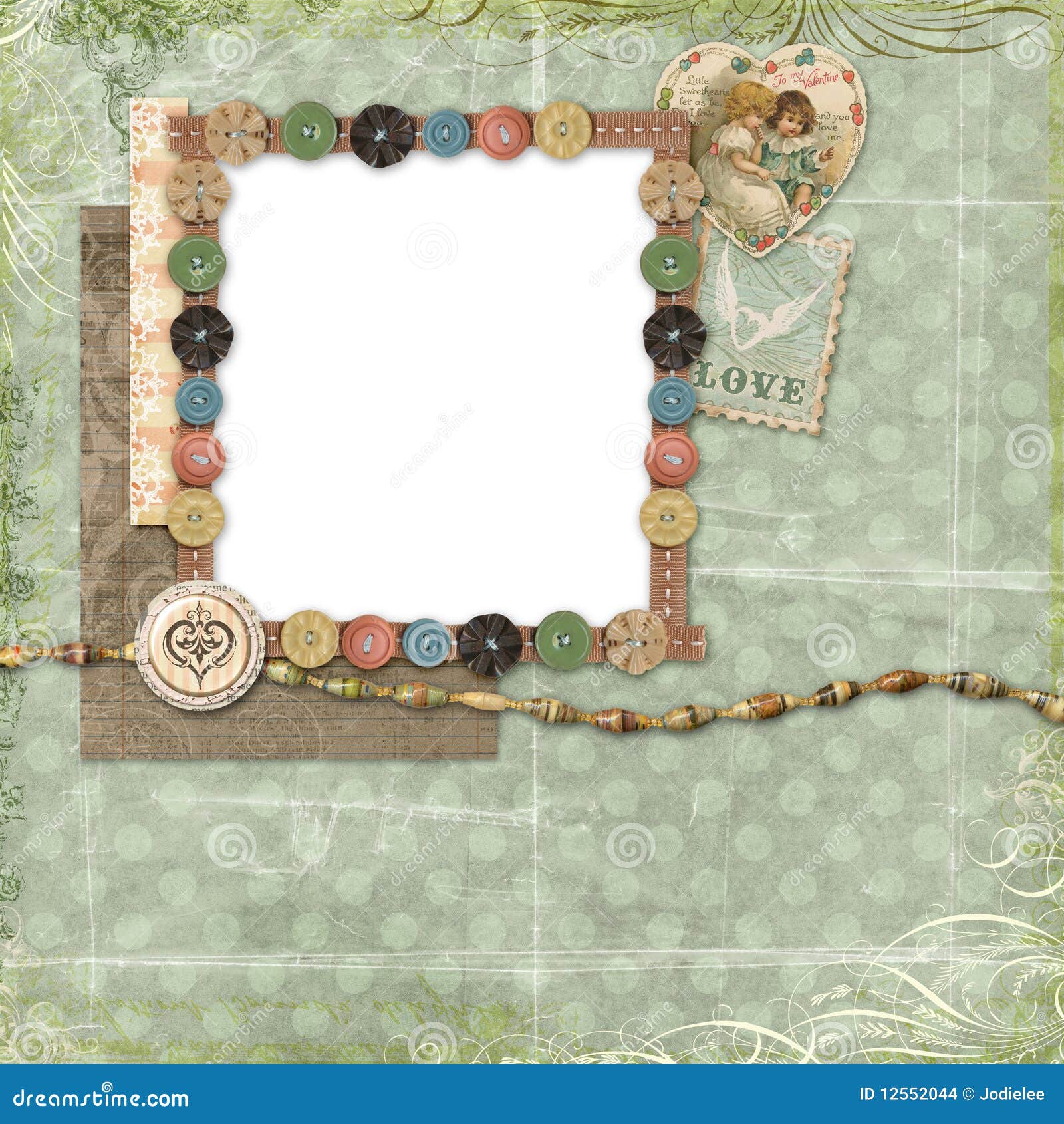 blue scrapbook layout with vintage embellishments