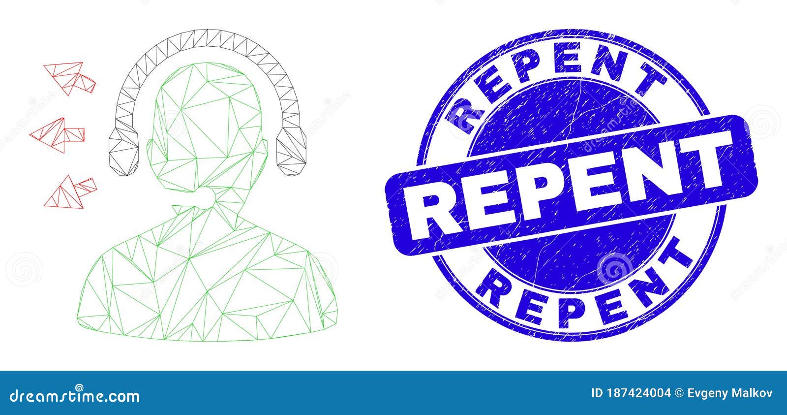 Blue Scratched Repent Stamp And Web Mesh Operator Talk Stock