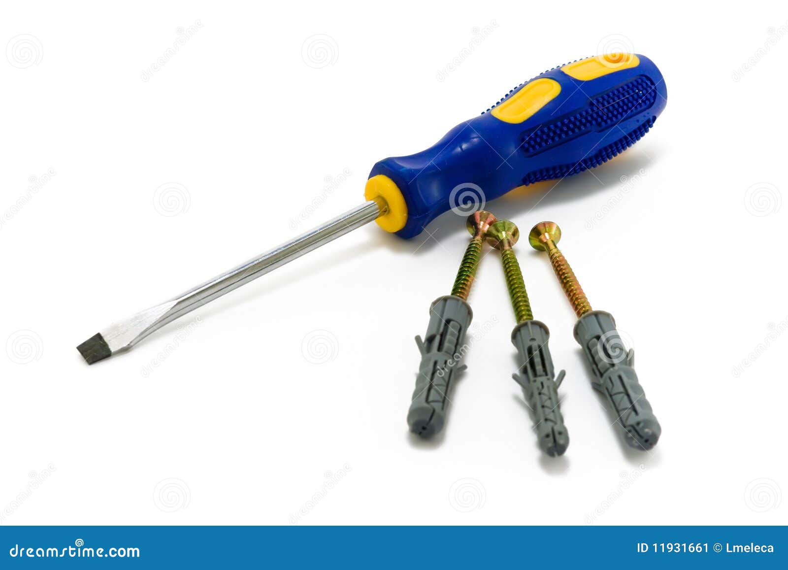 Blue Screwdriver and Screws on White Stock Image Image of bolts