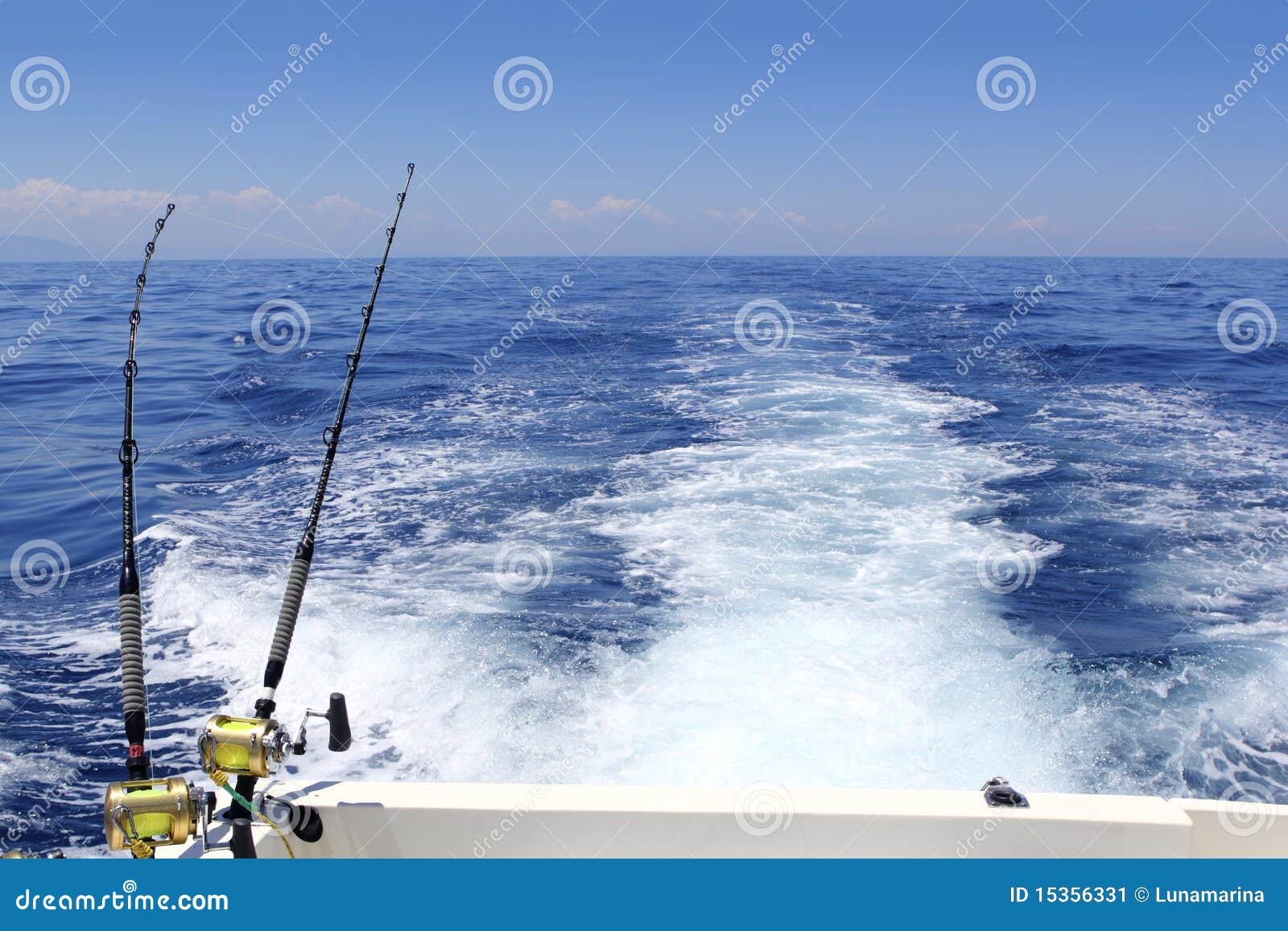 Blue Sea Fishing Sunny Day Trolling Rod Reels Wake Stock Image