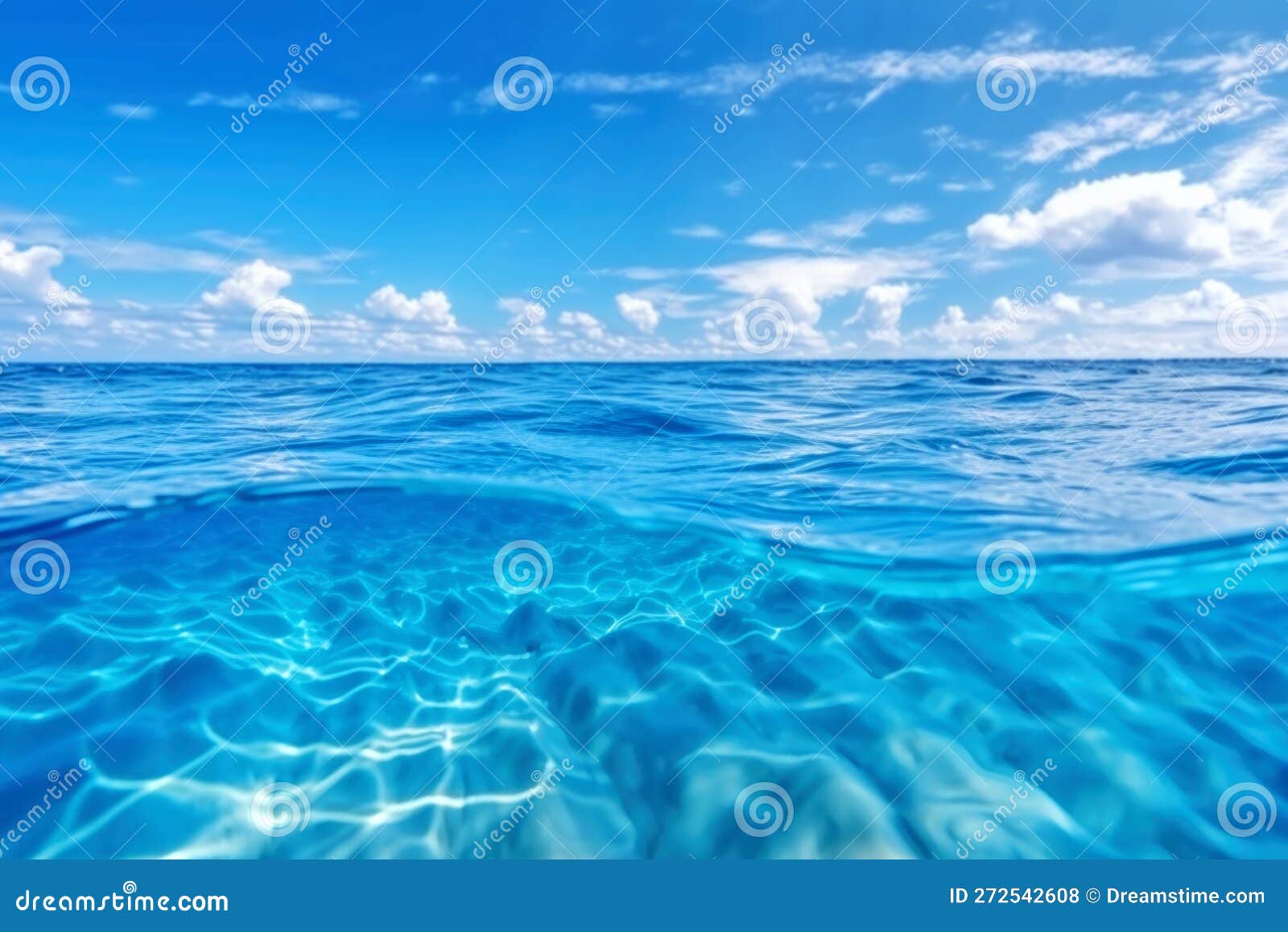 Blue Sea Ocean Water Surface and Underwater with Sunny and Cloudy Sky