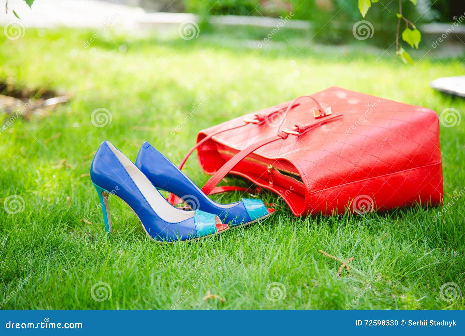 Blue Shoes and a Red Bag, Leather Shoes Stock Photo - Image of trend ...