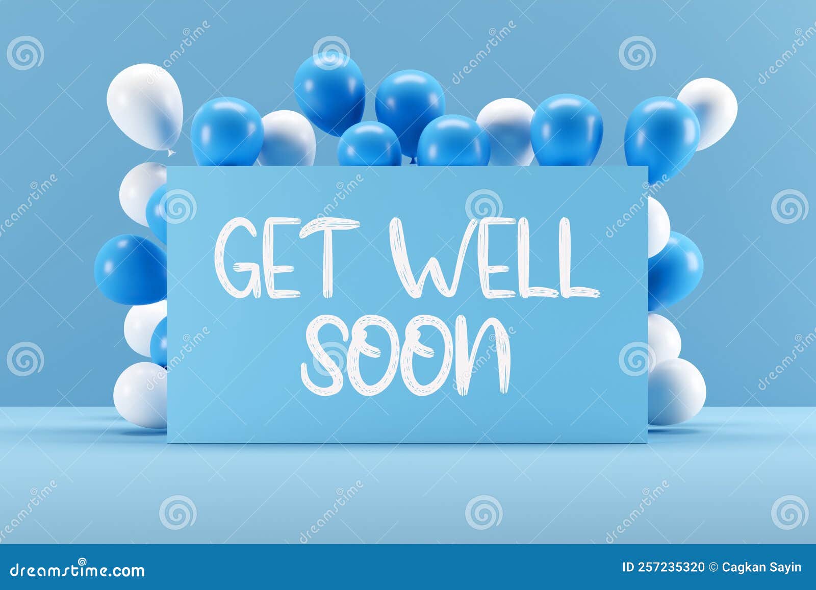 Blue Sign with the Message GET WELL SOON Framed with Balloons. Sickness Recovery Wish Greeting