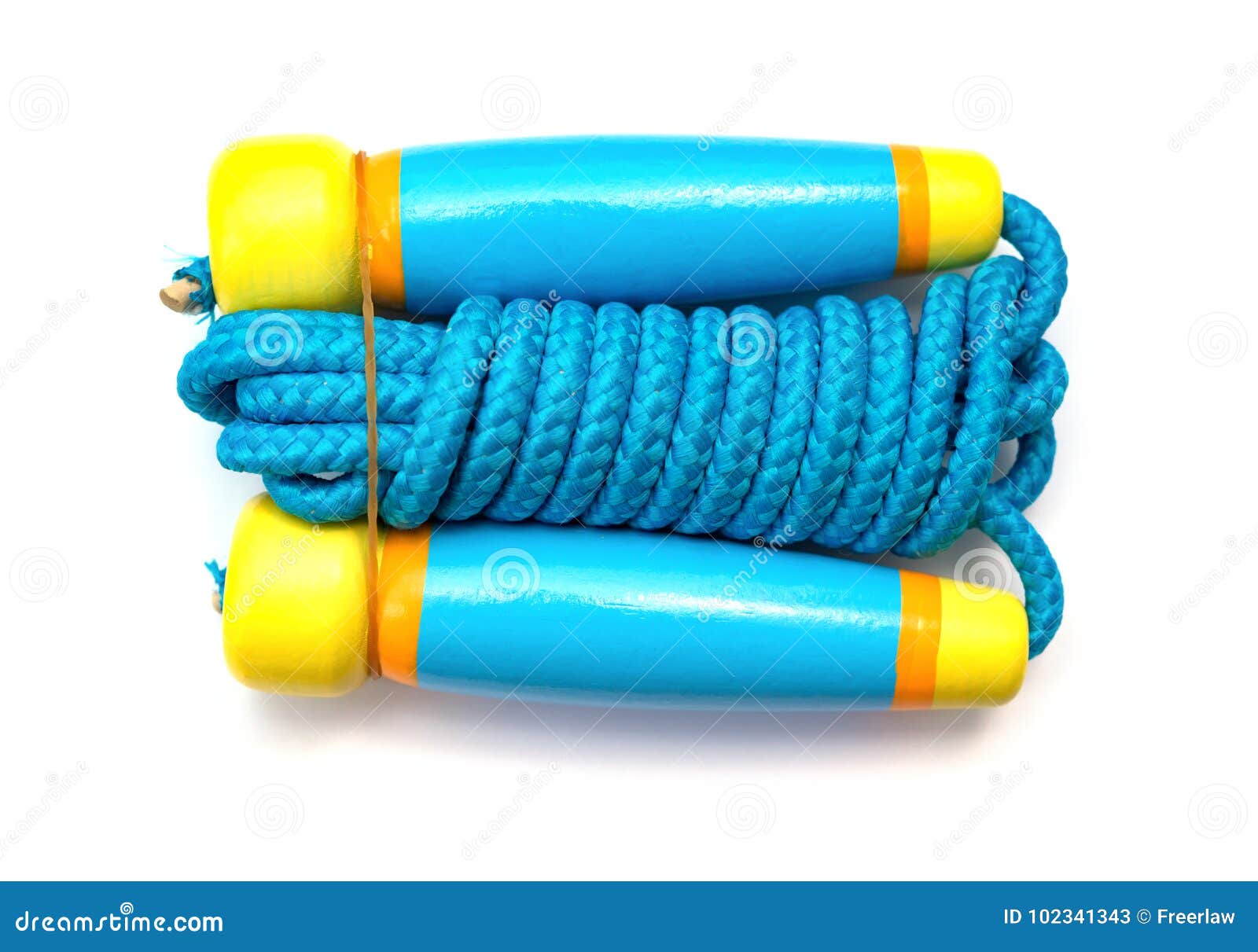Blue Skipping Rope with Wooden Handles on White Stock Image - Image of