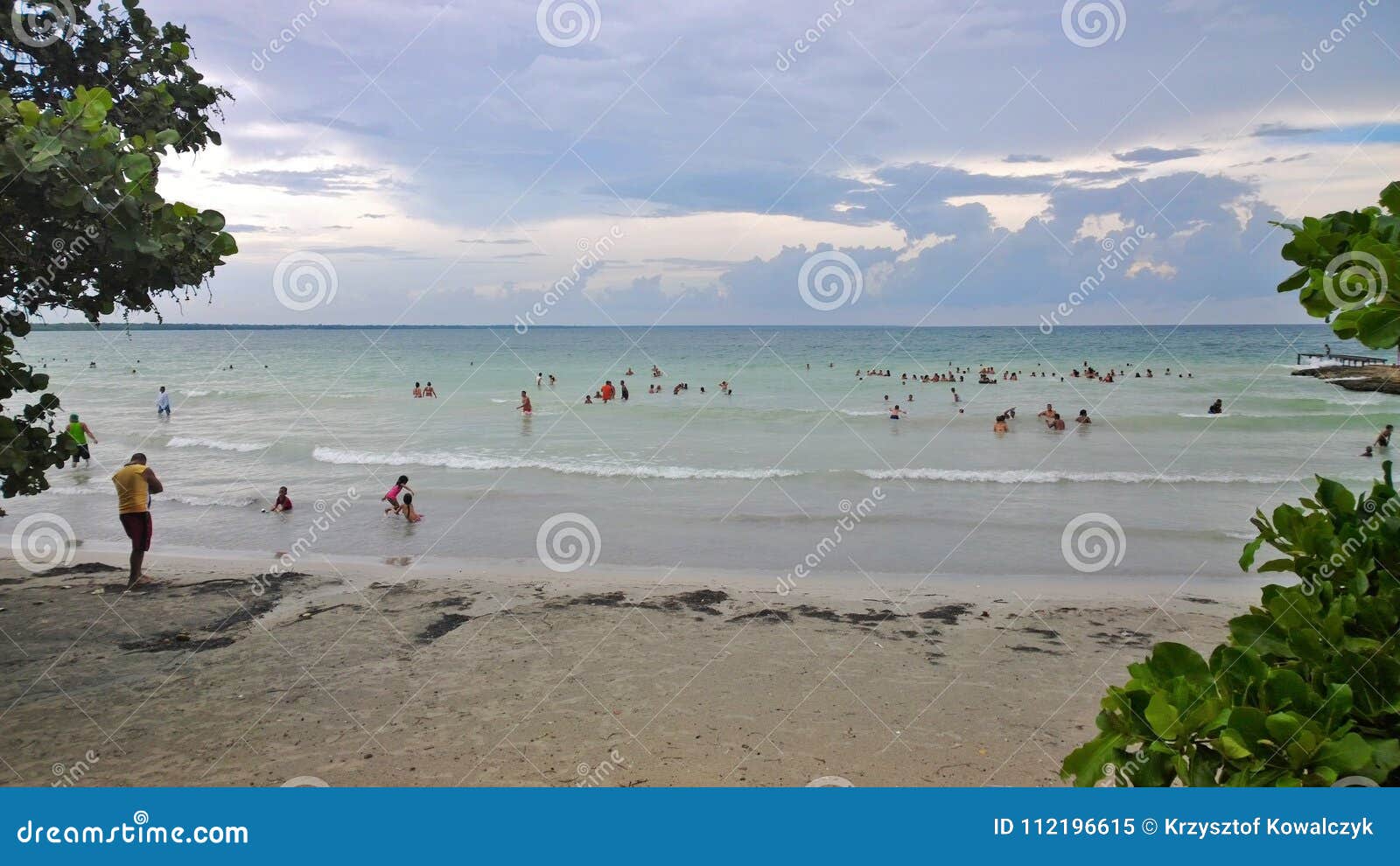 blue sky and clouds over a tropical beach with green trees in playa larga, cuba.