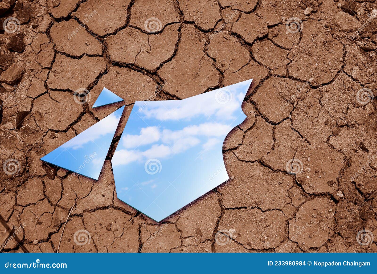 Blue Sky Reflected in the Mirror ,Climate Change Concept. Stock Photo