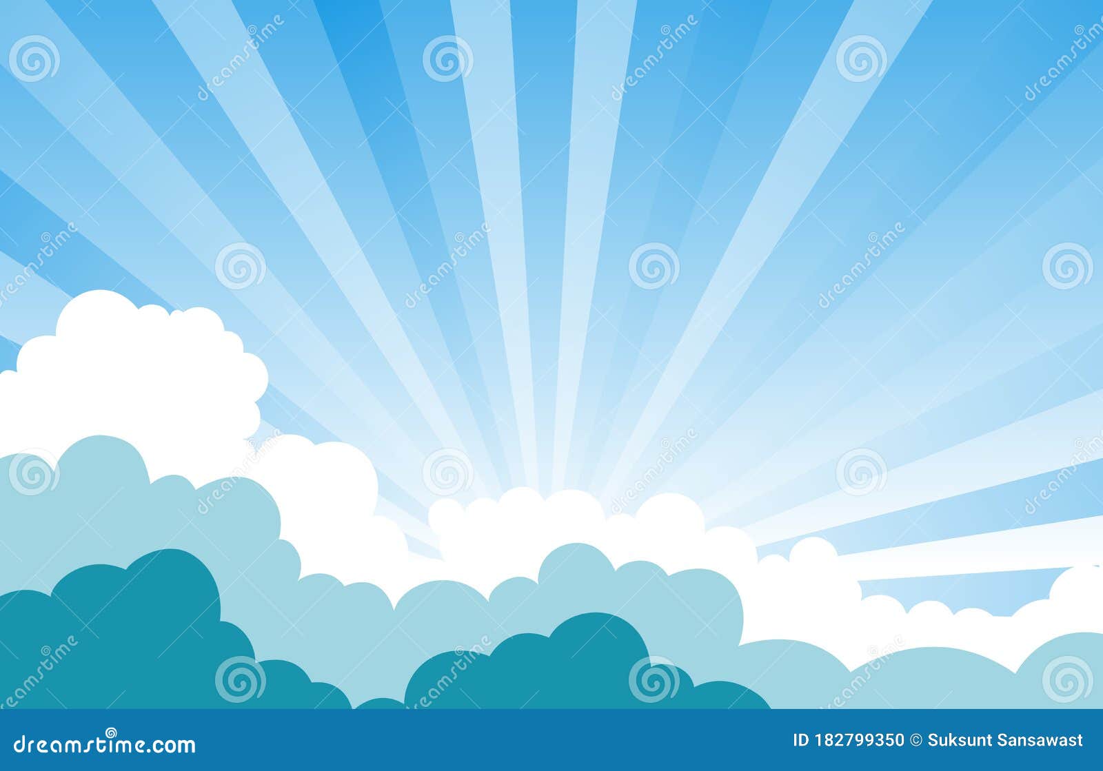 Blue Sky and Sun Rays with Clouds . Blue Green Cloud Background  Illustration Stock Vector - Illustration of morning, shadow: 182799350
