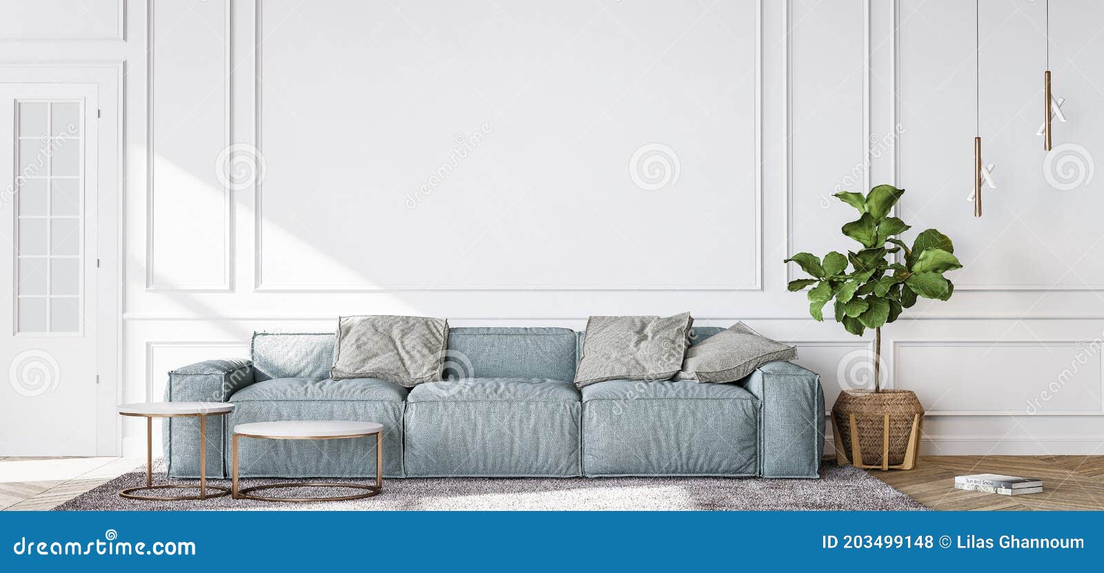 blue sofa in contemporary living room, minimal  with empty white wall